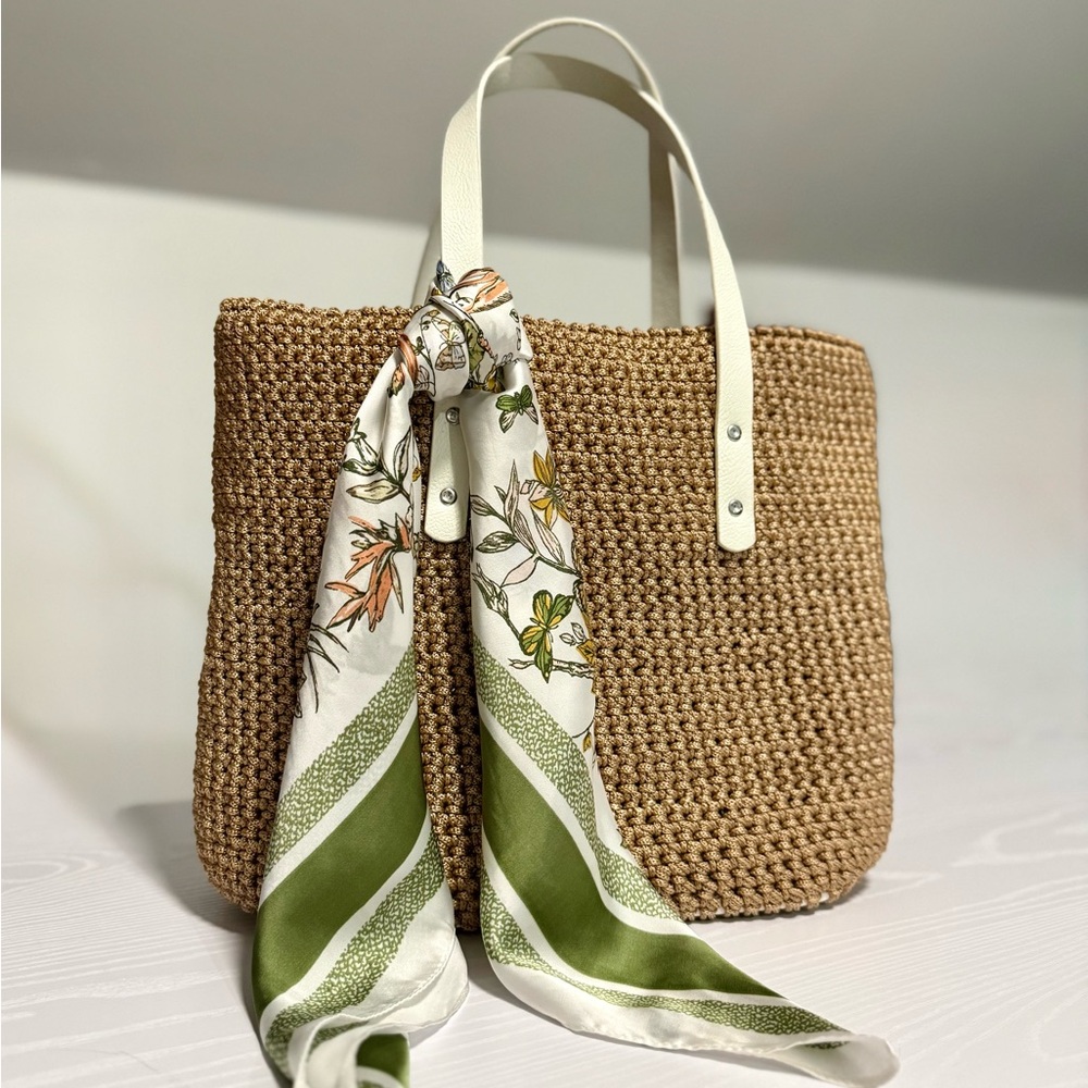 Elegant Tan Woven Tote Bag with White Handles